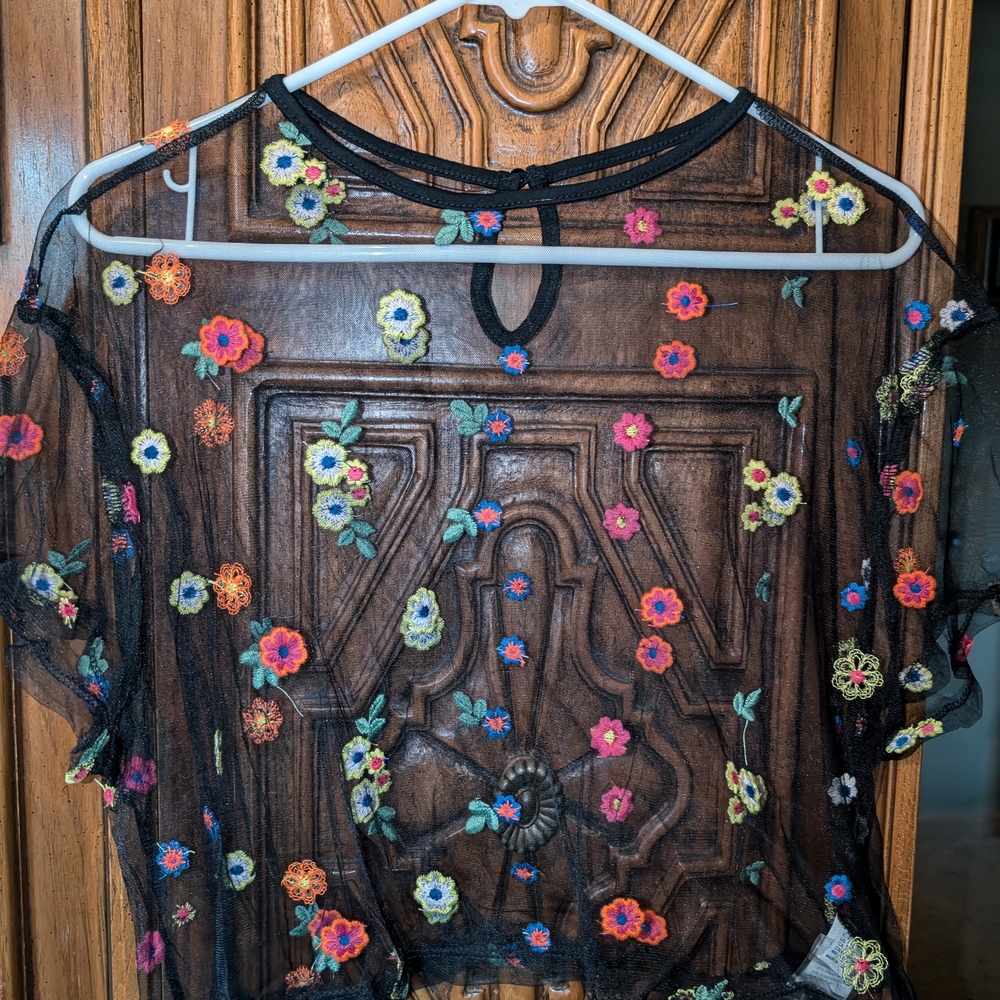 Floral Embroidered Sheer Black Top